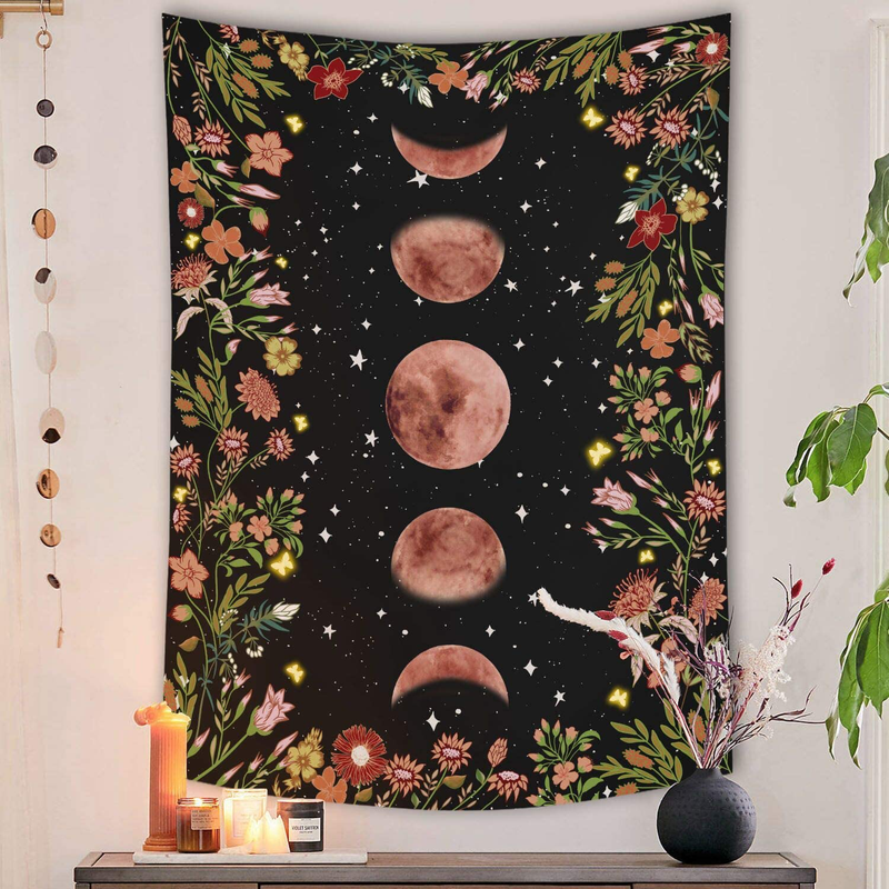 Rexful Moonlit Garden Tapestry, Moon Phase Surrounded by Plants and Flowers Black Wall Hanging Blanket 36×48 inch Home & Garden > Decor > Artwork > Decorative Tapestries Rexful Black Small（36“×48”） 