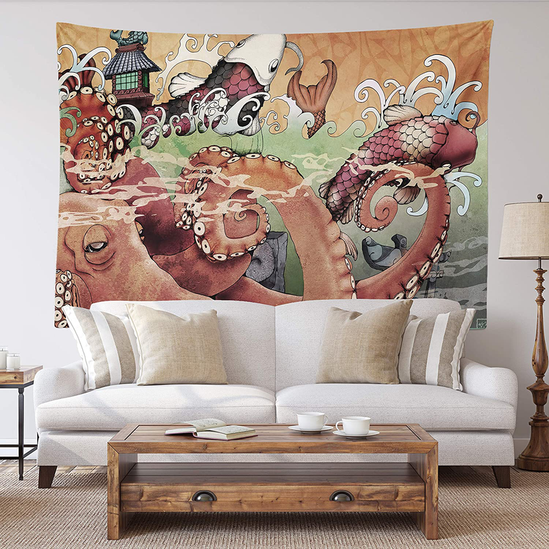 Spanker Space Ukiyoe Red White and Blue Japanese Mythical Creature The Great Waves Godzilla Fabric Tapestry 60 x 80 inches Wall Hangings with Hanging Accessories for Wall Art Home Dorm Decor Home & Garden > Decor > Artwork > Decorative Tapestries SPANKER SPACE Mysterious Octopus 60" L x 80" W 