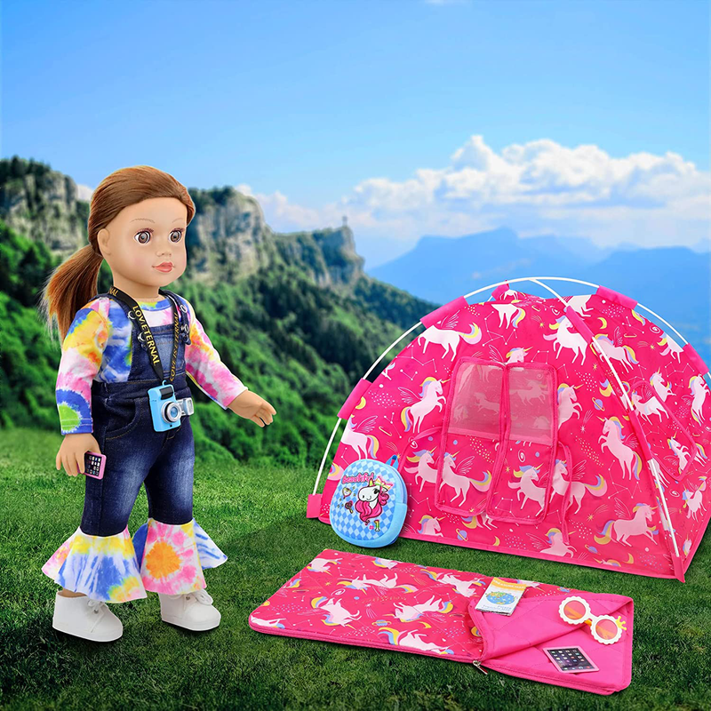 Ecore Fun 9 Items American 18 Inch Girl Unicorn Dolls Camping Tent Set and Accessories Including 18 Inch Doll Tent, Doll Sleeping Bag, Doll Backpack, Toy Camera, Glasses and Toy Phone Etc Sporting Goods > Outdoor Recreation > Camping & Hiking > Tent Accessories Ecore Fun   