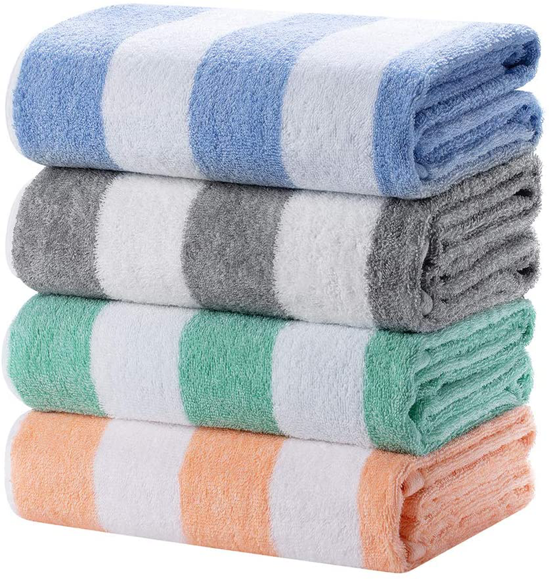 HENBAY Fluffy Large Beach Towel - 4 Pack Plush 30 x 60 Inch Cotton Pool Towel, Oversized Mixture Striped Swimming Cabana Towel