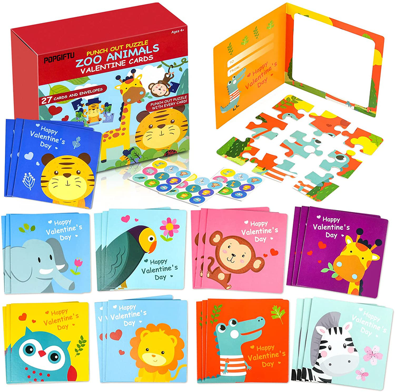 POPGIFTU Valentines Day Gifts Puzzle Cards for Kids, 9 Kinds 27 Pack Animal Cute Puzzle Cards for Valentine'S Classroom Exchange Cards and Boys & Girls Valentines Party Favor