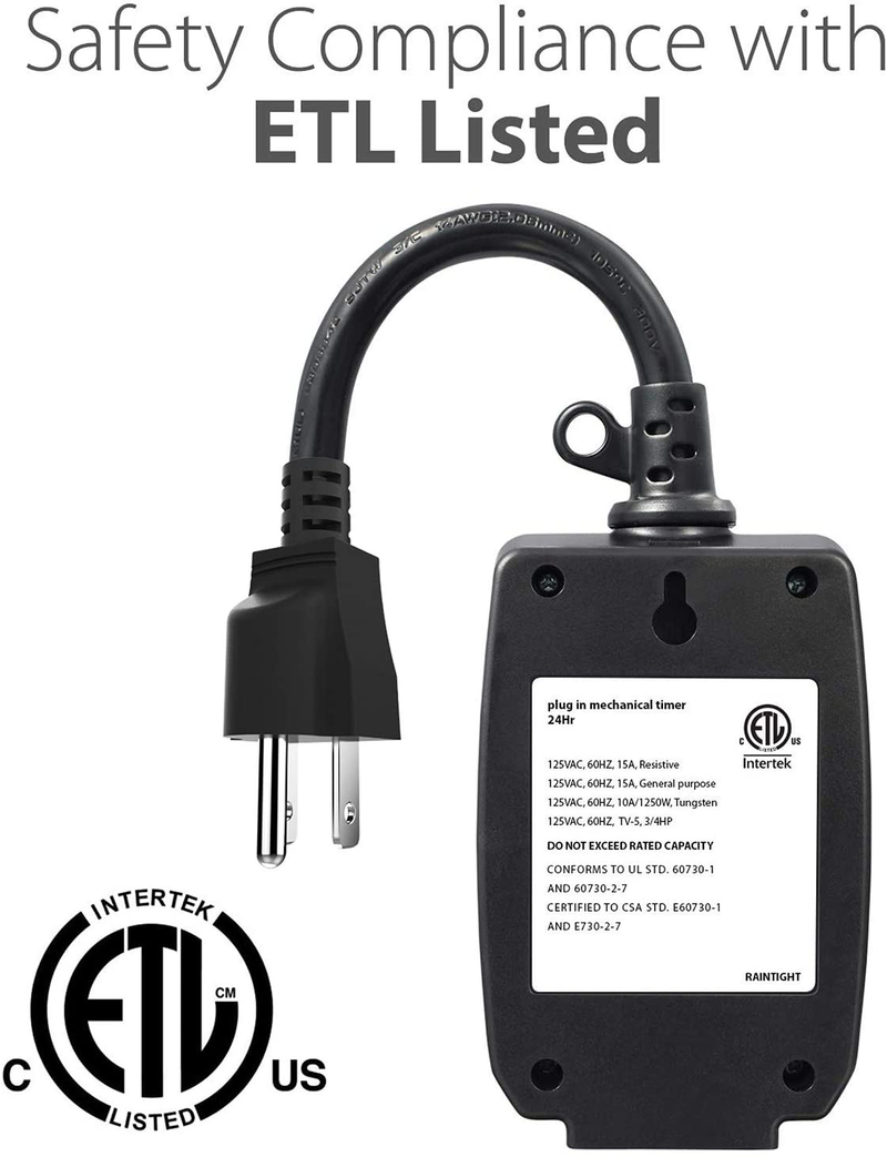 Fosmon C-10707US Outdoor 15A 24-Hour Mechanical Light Timer, 3-Prong ETL Listed Water Resistance and Heavy Duty Grounded Outlet with 7inch Power Cord - Black, 1 Plug