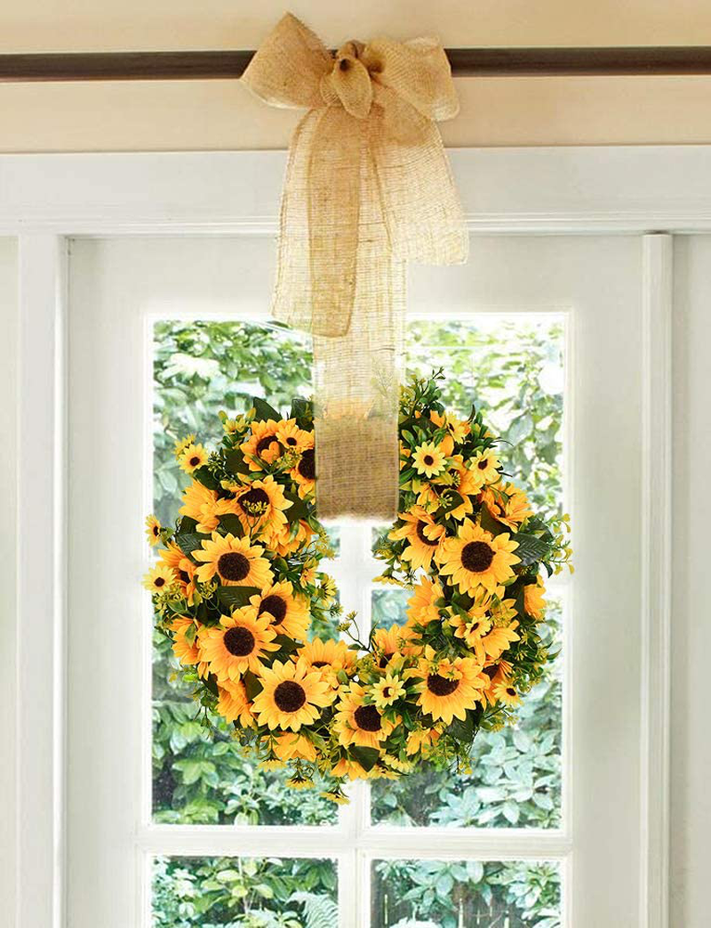 Lvydec Artificial Sunflower Summer Wreath - 16 Inch Decorative Fake Flower Wreath with Yellow Sunflower and Green Leaves for Front Door Indoor Wall Décor