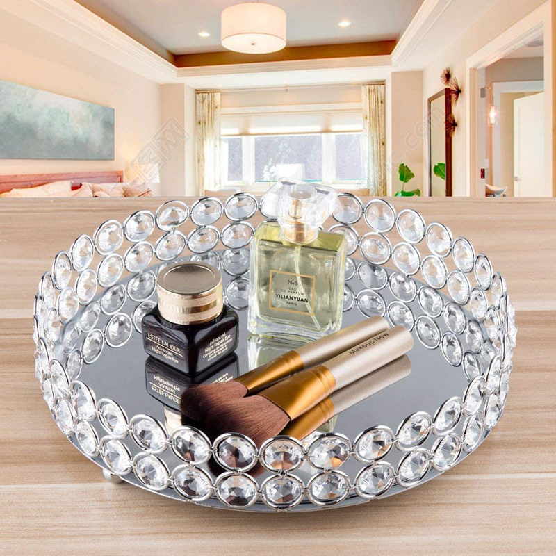 Feyarl Crystal Cosmetic Makeup Tray Jewelry Trinket Tray Organizer Vanity Tray Mirrored Decorative Tray Home Deco Dresser Perfume Skin Care Tray for Christmas Brithday Gift(Round 10" inch) (Silver) Home & Garden > Decor > Decorative Trays Feyarl   