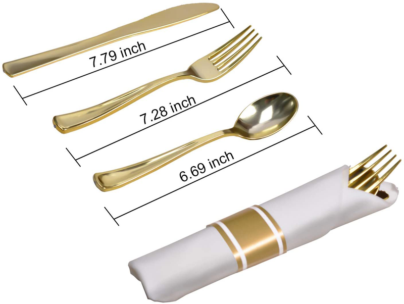 Pre Rolled Gold Plastic Cutlery - 30 Pack Disposable Plastic Utensils, Wrapped silverware Set with 30 Forks, 30 Knives, 30 Spoons and 30 Napkins for Party and Wedding