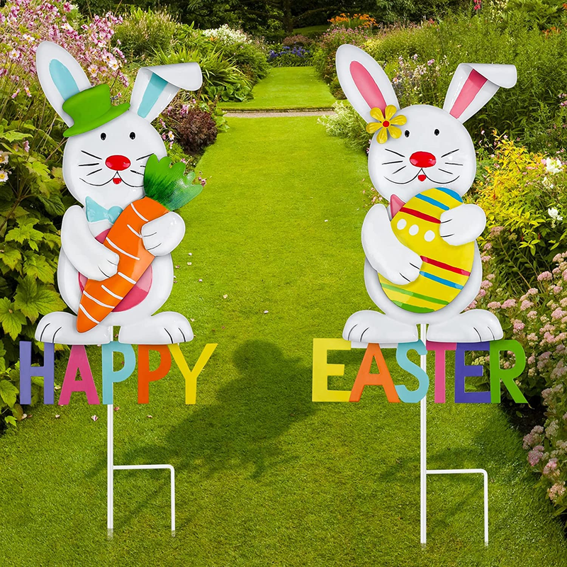 Fovths 2 Pack Metal Easter Bunny Garden Stakes Giant 45 Inch Metal Waterproof Happy Easter Bunny Yard Sign Lawn Decor Spring Easter Yard Sign with Carrot for Easter Lawn Outdoor Decor Home & Garden > Decor > Seasonal & Holiday Decorations Fovths   