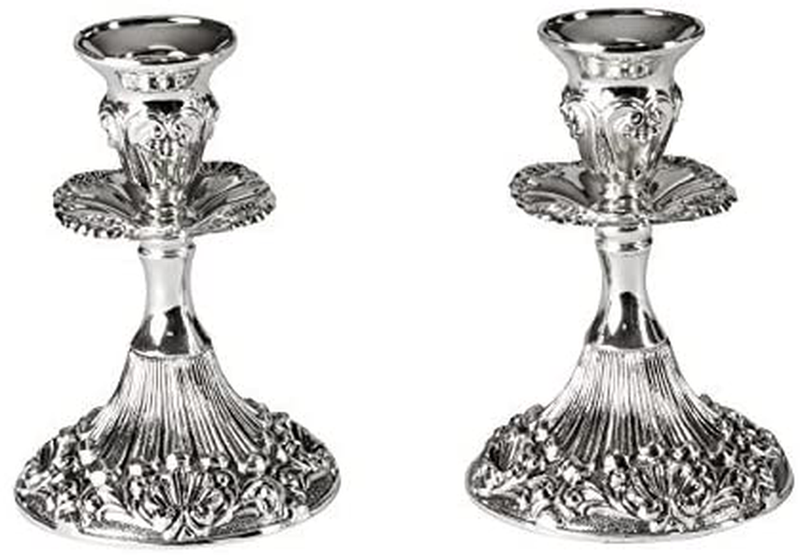 Ner Mitzvah Silver Plated Candlesticks - 2 Pack Set - Pair of 5 Inch Ornate Candle Holders with Round Base and Floral Design Home & Garden > Decor > Home Fragrance Accessories > Candle Holders Ner Mitzvah 5 inches  