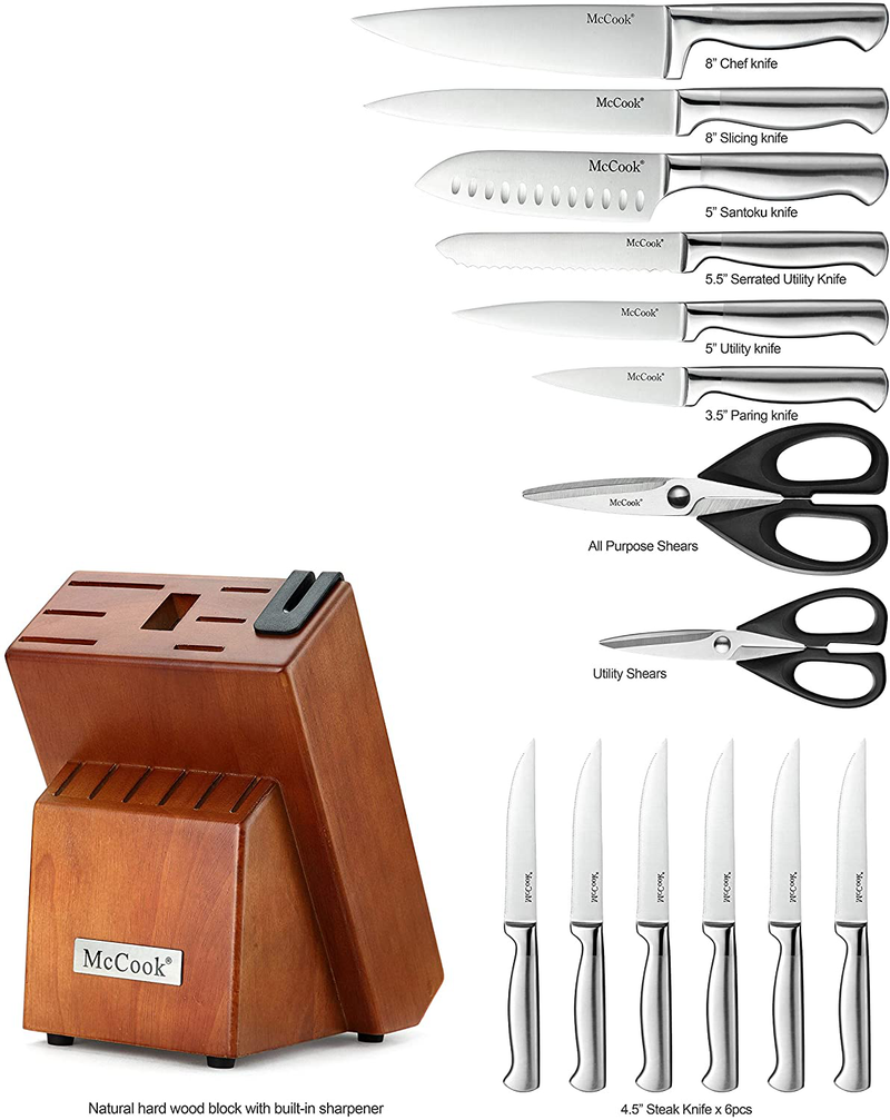 McCook MC29 Knife Sets,15 Pieces German Stainless Steel Kitchen Knife Block Sets with Built-in Sharpener Home & Garden > Kitchen & Dining > Tableware > Flatware > Flatware Sets McCook   