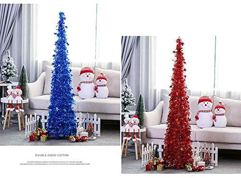 SZDAJAN Collapsible Artificial Christmas Tree 5ft 4ft Slim Xmas Trees Apartment Party Home Decor Tinsel Christmas Tree with Star Shiny Sequins and Stand (Red,5FT) Home & Garden > Decor > Seasonal & Holiday Decorations > Christmas Tree Stands SZDAJAN   