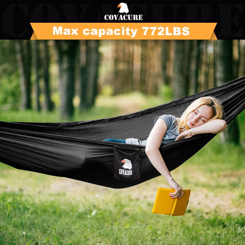 Covacure Camping Hammock - Lightweight Double Hammock, Hold Up to 772lbs, Portable Hammocks for Indoor, Outdoor, Hiking, Camping, Backpacking, Travel, Backyard, Beach(Black) Home & Garden > Lawn & Garden > Outdoor Living > Hammocks covacure   