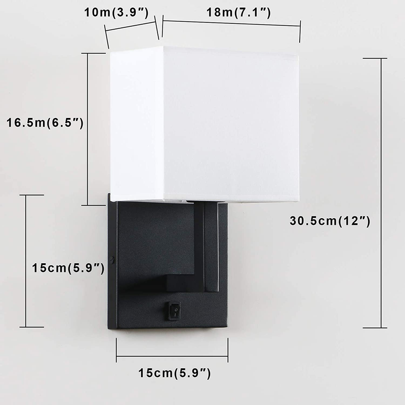 Permo Single Wall Sconce Light Fixture Black Finish with White Textile Shades and On/Off Switch Button Small Modern Nightstand Lamps for Bedrooms Bedside Reading Home & Garden > Lighting > Lighting Fixtures > Wall Light Fixtures KOL DEALS   