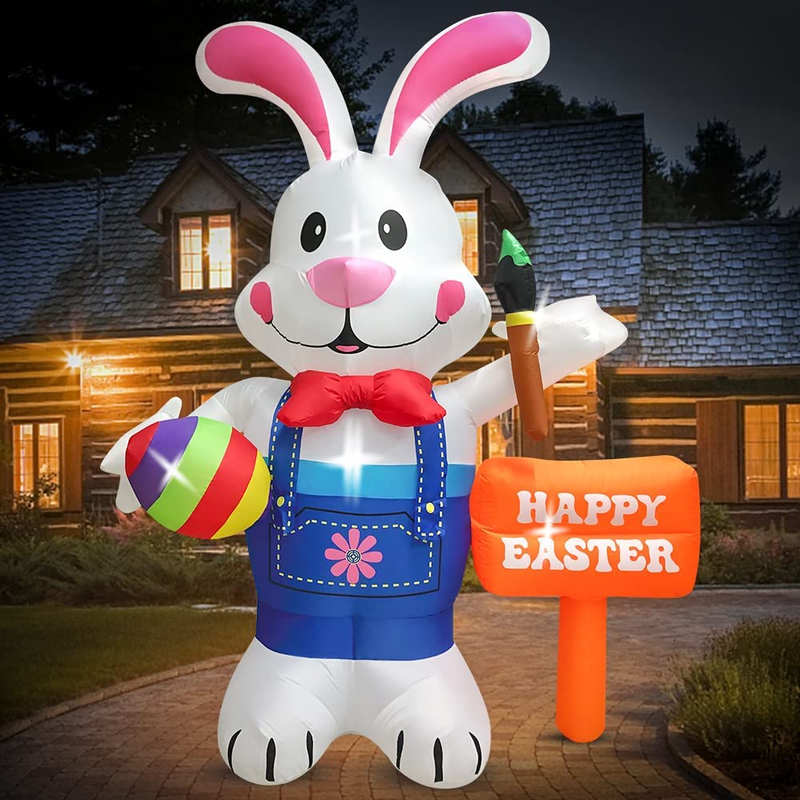 Domkom 8FT Easter Inflatable Decorations Standing Bunny Holding Egg and Paintbrush,Build-In LED Lights Holiday Blow up Yard Decoration,For Easter Holiday Party,Indoor,Outdoor,Garden,Yard Lawn Decor Home & Garden > Decor > Seasonal & Holiday Decorations DomKom   