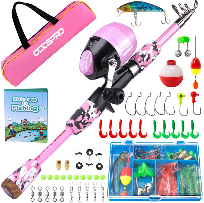 ODDSPRO Kids Fishing Pole Pink, Portable Telescopic Fishing Rod and Re