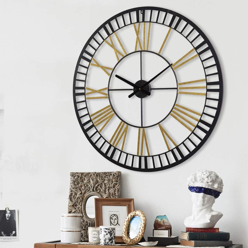 Gold&Black 32" Large Metal Industrial Wall Clock with Roman Numberal for Living Room Decor, Big Wall Clock Battery Operated