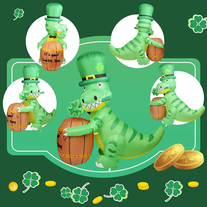 Kyerivs 5.25 Ft St Patricks Day Inflatables Outdoor Decorations Sanit Patricks Blow up Yard Decoration Cute Dinosaur Holding a Drum with Led Lights Dinosaur Inflatable Gift for Kids Lawn Party Decor Arts & Entertainment > Party & Celebration > Party Supplies Kyerivs   