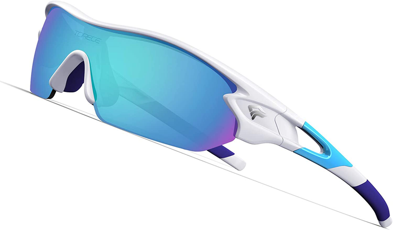 Torege Polarized Sports Sunglasses With 3 Interchangeable Lenes for Men Women Cycling Running Driving Fishing Glasses TR002 Sporting Goods > Outdoor Recreation > Cycling > Cycling Apparel & Accessories TOREGE White&ice Blue Lens  