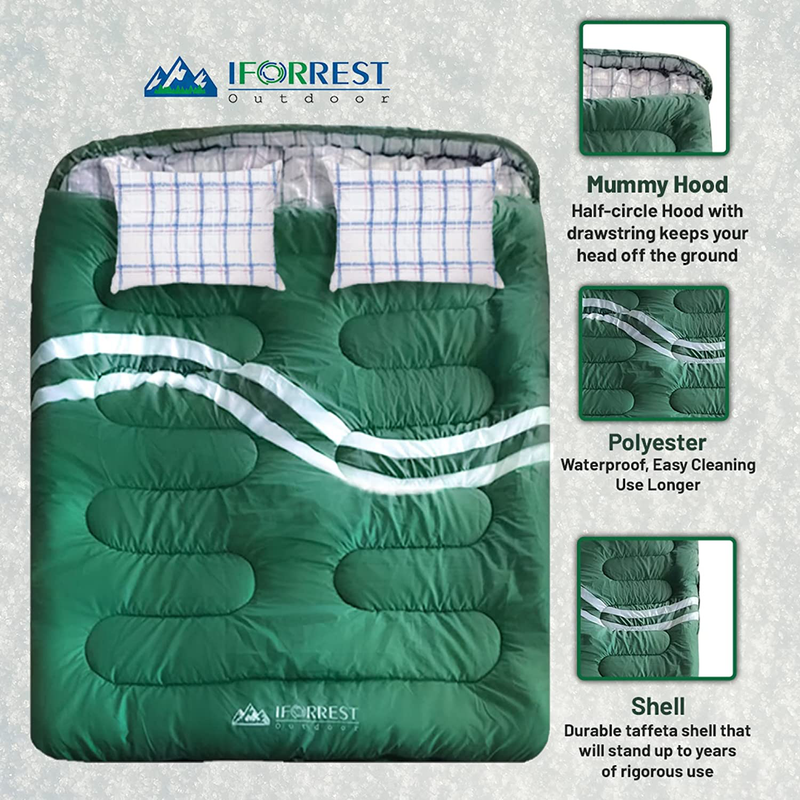 IFORREST Double Sleeping Bag Adults - Ideal for Winter Family Camping - Extra-Wide & Warm (Cotton Flannel Lining) - 4 Seasons Cold Weather, 2 Person King Size XL with 2 Pillows Sporting Goods > Outdoor Recreation > Camping & Hiking > Sleeping BagsSporting Goods > Outdoor Recreation > Camping & Hiking > Sleeping Bags IFORREST   