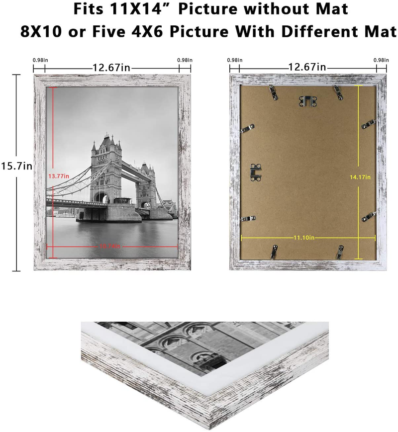 Q.Hou 11x14 Picture Frames Wood Patten Distressed White Set of 2, Each Frame with 2 Mats,Display 8x10 or Five 4x6 Photos with Mat & 11x14 Picture Without Mat for Wall Mount (QH-PF11X14-RW)