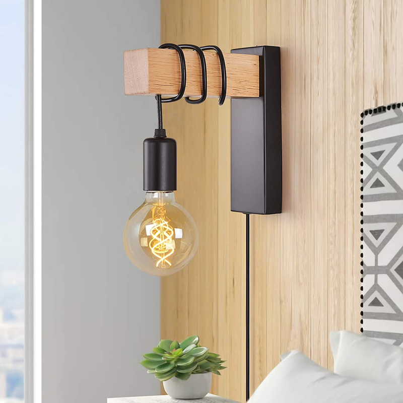 Farmhouse Plug in Wall Sconce, Black Wall Lamp for Bedroom Bedside Reading Living Room Industrial Wood Wall Mounted Lights Fixture with On/Off Switch Lighting with Plug Cord(E26 Bulb Excluded) Home & Garden > Lighting > Lighting Fixtures > Wall Light Fixtures KOL DEALS   