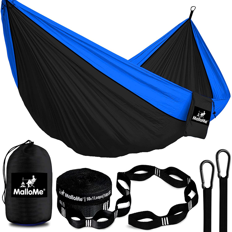MalloMe Double & Single Portable Camping Hammock - Parachute Lightweight Nylon with Hammok Tree Straps Set- 2 Person Equipment Kids Accessories Max 1000 lbs Breaking Capacity - Free 2 Carabiners Home & Garden > Lawn & Garden > Outdoor Living > Hammocks MalloMe Black / Blue Small 