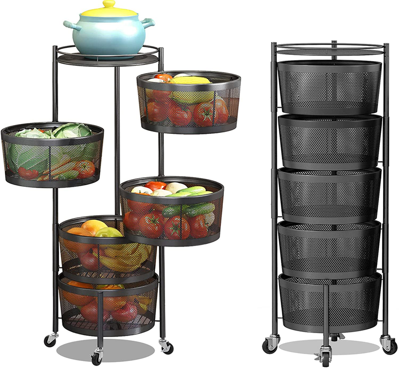 Rotating Storage Rack Vegetables Fruit Baskets Shelf 5 Tier Metal Wire Kitchen Storage Baskets with Wheels Utility Organizer Cart, round Black