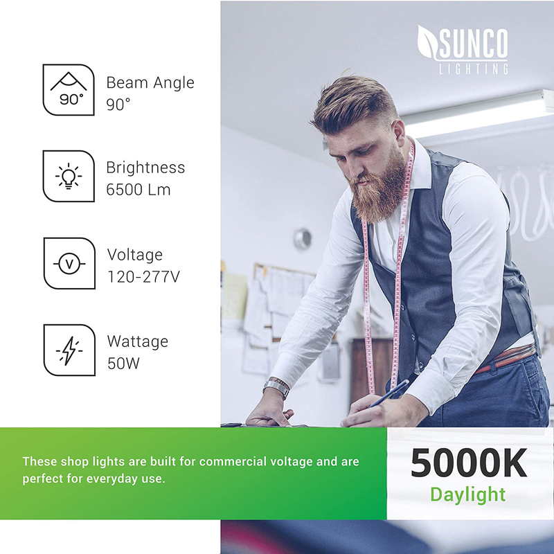 Sunco Lighting 7” Wraparound 4FT LED Shop Light Fixture, Linkable Garage LED Ceiling Lights, 50W, 6500 LM, 5000K Daylight, Integrated LED, Prismatic Lens, Flush Mount Hardwired, ETL 2 Pack