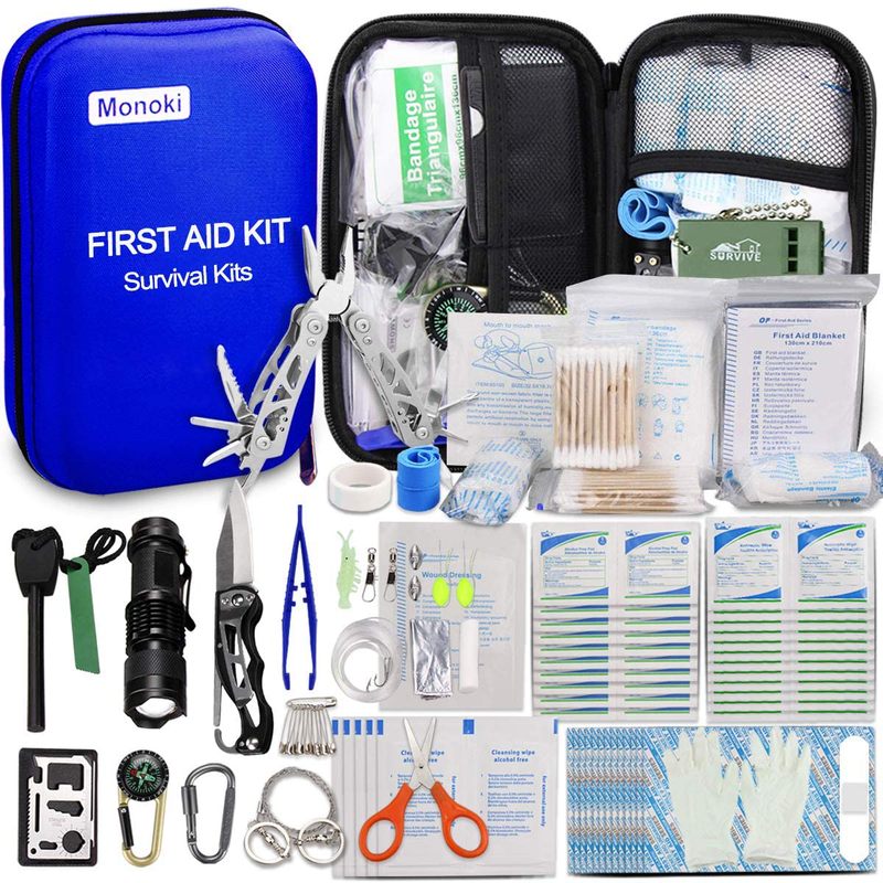 Monoki First Aid Kit Survival Kit, 241Pcs Upgraded Outdoor Emergency Survival Kit Gear - Medical Supplies Trauma Bag Safety First Aid Kit for Home Office Car Boat Camping Hiking Hunting Adventures