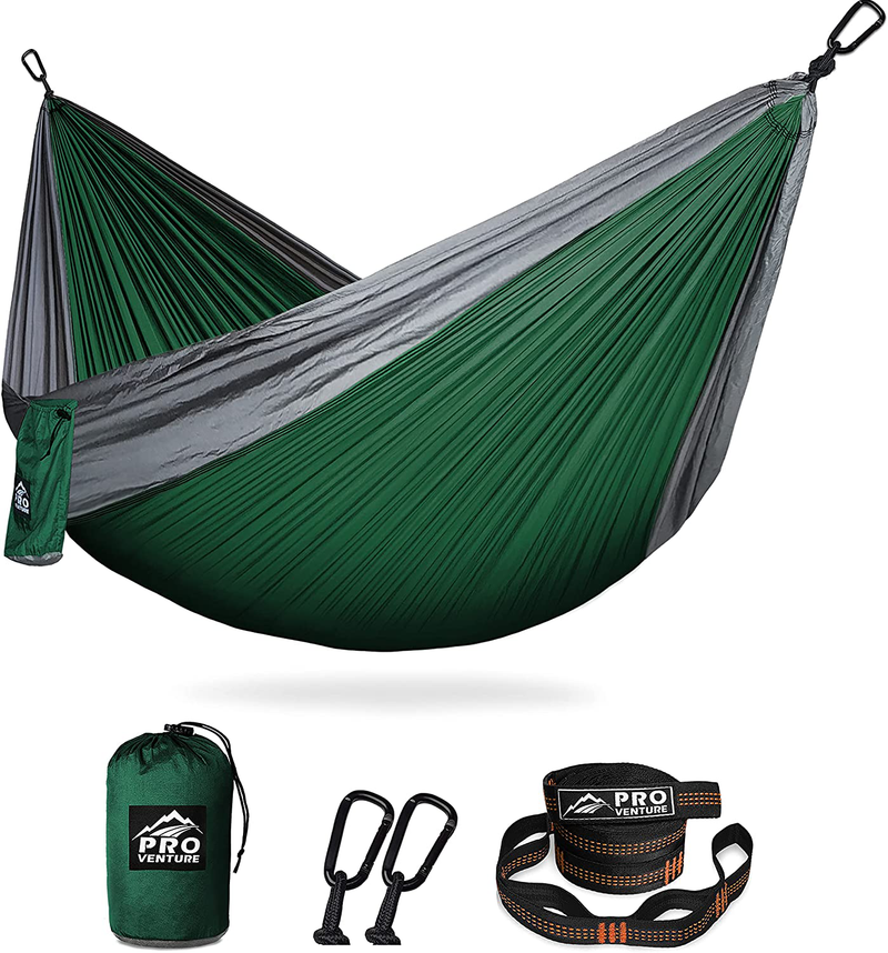 Pro Venture Hammocks - Double or Single Hammock 400lbs (+2 Tree Straps + 2 Carabiners) - Portable 2 Person, Safe, Strong, Lightweight Nylon 210T - for Camping, Backpacking, Hiking, Patio Home & Garden > Lawn & Garden > Outdoor Living > Hammocks Pro Venture Single - Green / Grey  