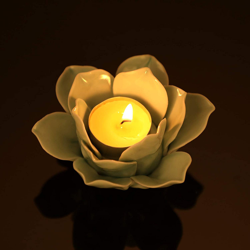 OwnMy 4.5 Inch Ceramic Lotus Flower Tea light Holder Lotus Petals Candle Holder Candlestick, Votive Flower Tealight Candle Holder Candle Lamps Holder with Gift Box for Home Decor Wedding Party (Green)