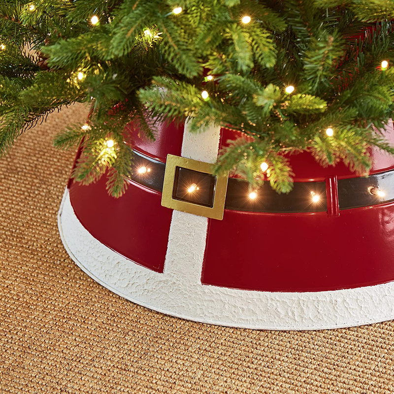 Glitzhome 22" D Red Metal Santa Belt Tree Collar, Decorative Tree Stand Cover Tree Ring with String Light for Christmas Decor Home & Garden > Decor > Seasonal & Holiday Decorations > Christmas Tree Stands Glitzhome   