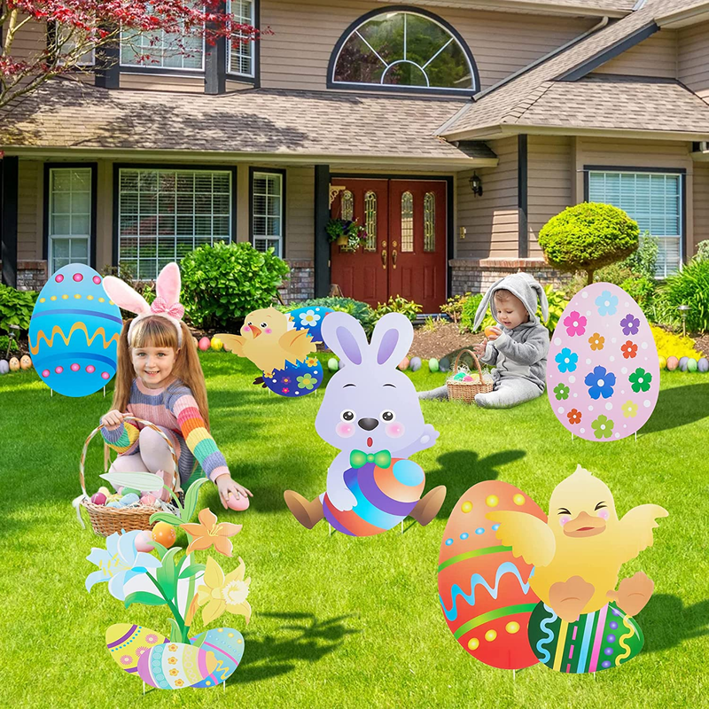 HOOJO 8 PCS Easter Yard Signs Decorations Outdoor, Waterproof Bunny, Chicks and Eggs Yard Stakes Sign, Easter Lawn Yard Decorations for Hunt Game, Party Supplies Decor, Easter Props Home & Garden > Decor > Seasonal & Holiday Decorations HOOJO   