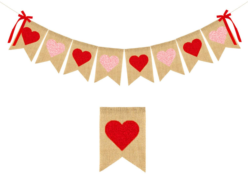 JOZON Glitter Heart Burlap Banner Valentine'S Day Red and Pink Heart Bunting Banner Garland with Bows Valentines Day Party Decorations for Wedding Anniversary Birthday Party Supplies