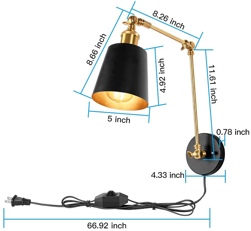 Plug in Wall Sconces Set of 2, Yiamia Swing Arm Wall Lamps Black and Brass, Vintage Industrial Wall Mounted Light Fixtures with Dimmable Switch for Bedroom Living Room Vanity Study Desk Office Hallway
