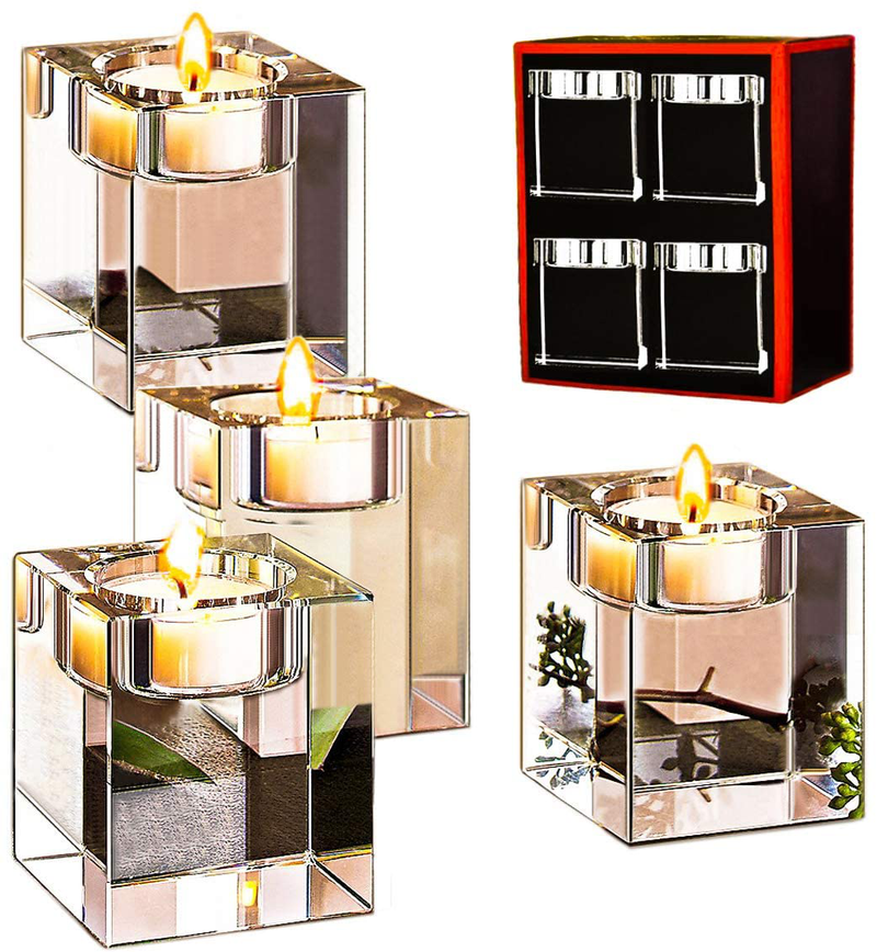 Le Sens Amazing Home Decorative Word Sign Hope Cube Crystal Candle Holder Set of 4 - Solid Square Clear Glass Table Centerpiece - Elegant Votive Tealight Candlestick for Wedding & Home Decoration Home & Garden > Decor > Home Fragrance Accessories > Candle Holders Le Sens Amazing Home A: Classic Cube  