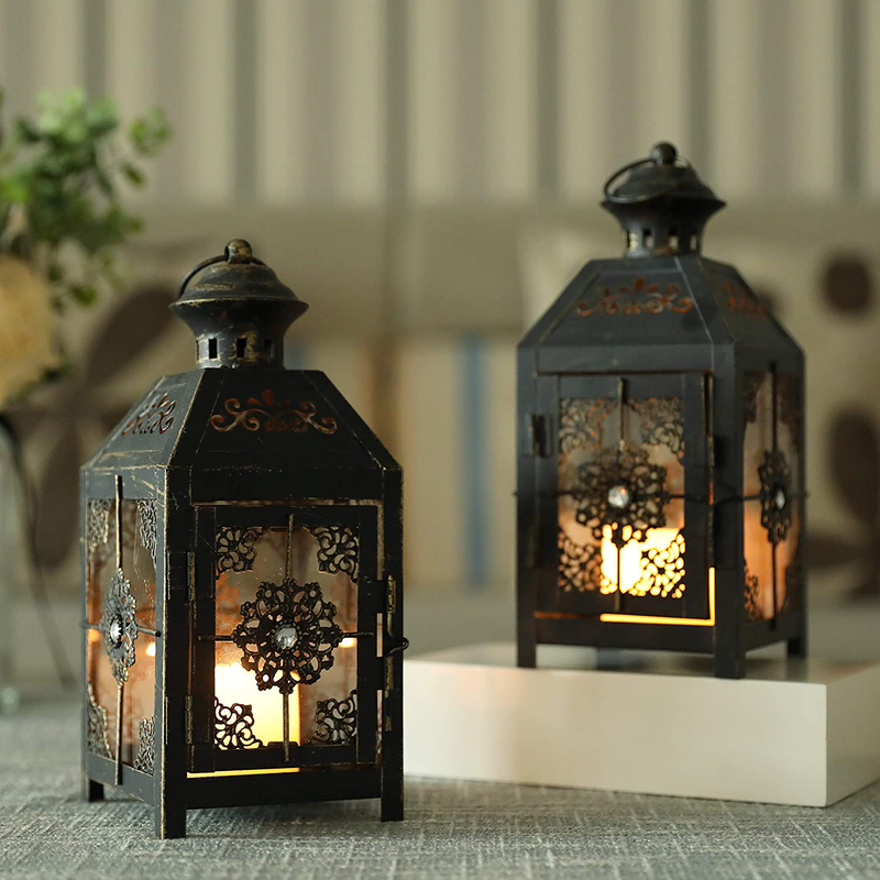 JHY DESIGN Set of 2 Decorative Candle Lantern 9.5''High Metal Candle Lantern Vintage Style Hanging Lantern for Wedding Parties Indoor Outdoor(Black with Gold Brush) Home & Garden > Decor > Home Fragrance Accessories > Candle Holders JHY DESIGN Black With Gold Brush  
