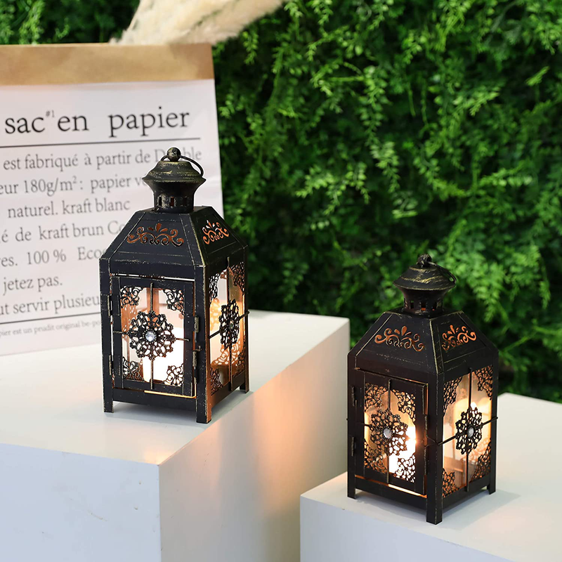 JHY DESIGN Set of 2 Decorative Candle Lantern 9.5''High Metal Candle Lantern Vintage Style Hanging Lantern for Wedding Parties Indoor Outdoor(Black with Gold Brush) Home & Garden > Decor > Home Fragrance Accessories > Candle Holders JHY DESIGN   