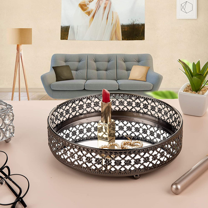 Feyarl Anti-Scratch Real Glass Mirror Surface Black Vanity Makeup Tray Jewelry Round Tray Organizer Cosmetic Perfume Bottle Tray Decorative Tray Home Deco Dresser Skin Care Storage (9.84Inch)