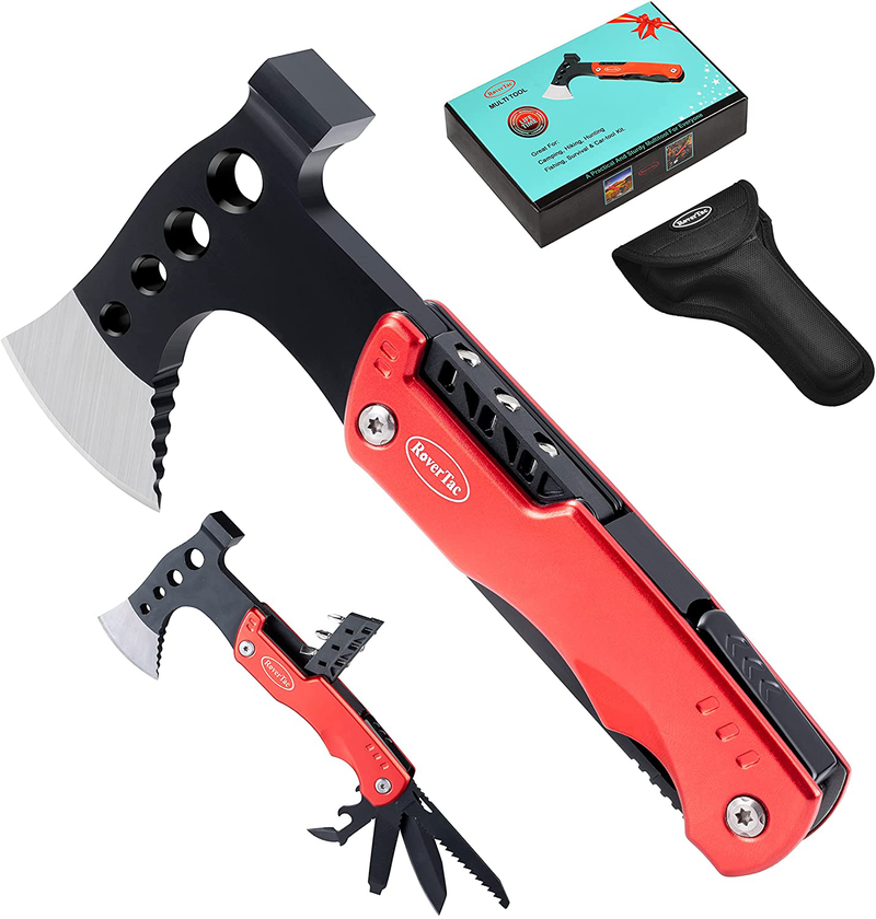 Christmas Gifts for Men Dad Husband Stocking Stuffers Rovertac Multitool Camping Hatchet 11 in 1 Upgraded Multi Tool with Hammer Knife Saw Screwdrivers Bottle Opener Safety Lock Durable Sheath Sporting Goods > Outdoor Recreation > Camping & Hiking > Camping Tools RoverTac Red  