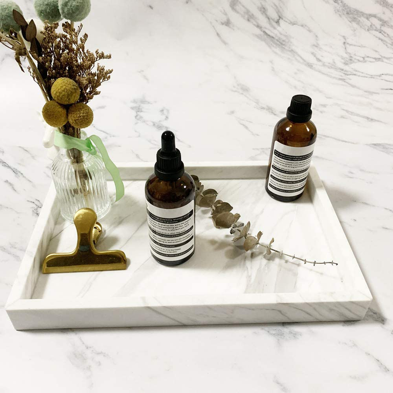 StonePlus Natural Marble Storage Vanity Tray, Cosmetics Jewelery Tray, Kitchen Organizer, Coffee Table Tray (Volakas White, Glossy Surface, 11.8L x 7.87W x 1.18H)