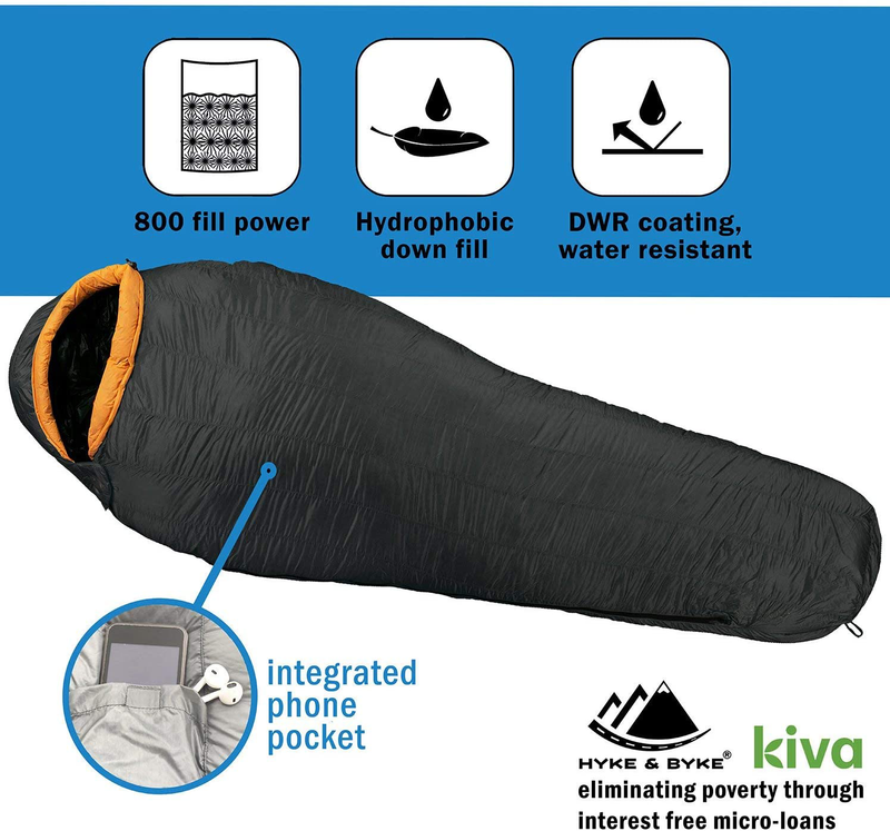 Hyke & Byke Eolus 0 Degree F 800 Fill Power Hydrophobic Goose down Sleeping Bag with Clusterloft Base - Ultra Lightweight 4 Season Men'S and Women'S Mummy Bag Designed for Backpacking