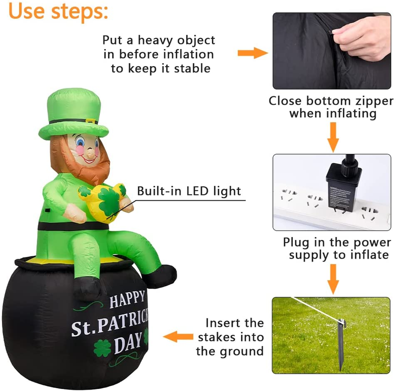 Decalare 5.7FT St. Patrick’S Day Inflatable Decoration, Cute Leprechauns Sit in a Beer Mug /Gold Pot to Celebrate St. Patrick’S Day, LED Light up Decoration for Yard Lawn Indoor Outdoor (HEI Patrick)