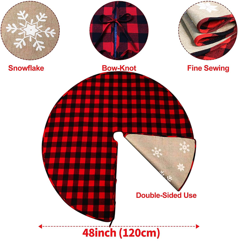 OurWarm 48 Inch Christmas Tree Skirt Red and Black Buffalo Plaid Christmas Tree Skirt, Double Sided Burlap Tree Skirt Snowflake Xmas Tree Skirt for Holiday Rustic Vintage Christmas Decorations