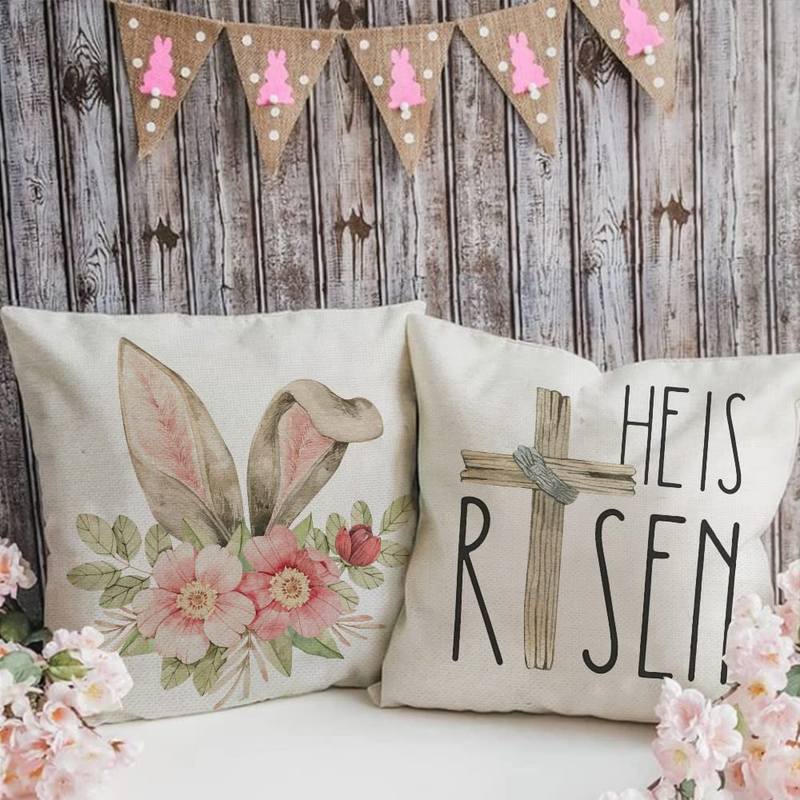 Easter Pillow Covers 18X18 Set of 4 Easter Decorations for Home He Is Risen Floral Pillows Bunny Easter Buffalo Plaid Eggs Decorative Throw Pillows Spring Easter Farmhouse Decor A476-18 Home & Garden > Decor > Seasonal & Holiday Decorations AENEY   