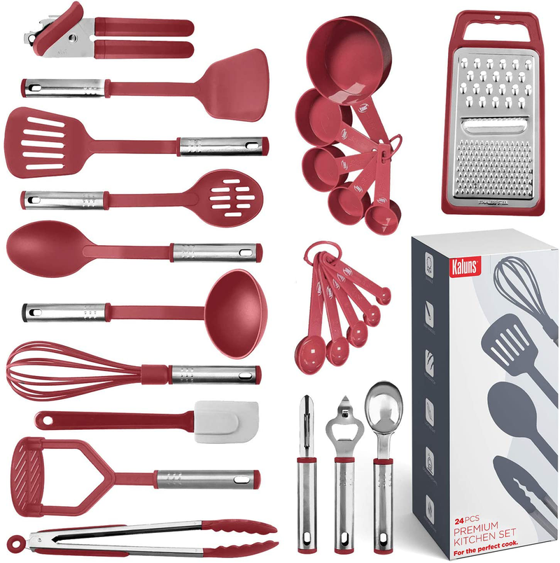 Kitchen Utensil Set 24 Nylon and Stainless Steel Utensil Set, Non-Stick and Heat Resistant Cooking Utensils Set, Kitchen Tools, Useful Pots and Pans Accessories and Kitchen Gadgets (Black) Sporting Goods > Outdoor Recreation > Camping & Hiking > Camping Tools Kaluns Red 24 Pcs. 