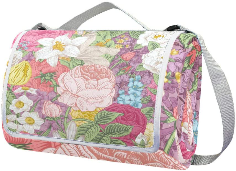MAPOLO Vintage Colorful Floral Flowers Picnic Blanket Waterproof Outdoor Blanket Foldable Picnic Handy Mat Tote for Beach Camping Hiking Home & Garden > Lawn & Garden > Outdoor Living > Outdoor Blankets > Picnic Blankets MAPOLO   