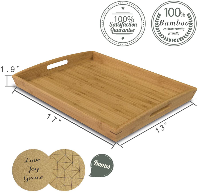 Joy&Grace 100% Bamboo Wood Butler Serving Tray with Handles - Breakfast/Coffee Table Tray, Decorative Ottoman Tray, Serving Platter for Party,17''×13''