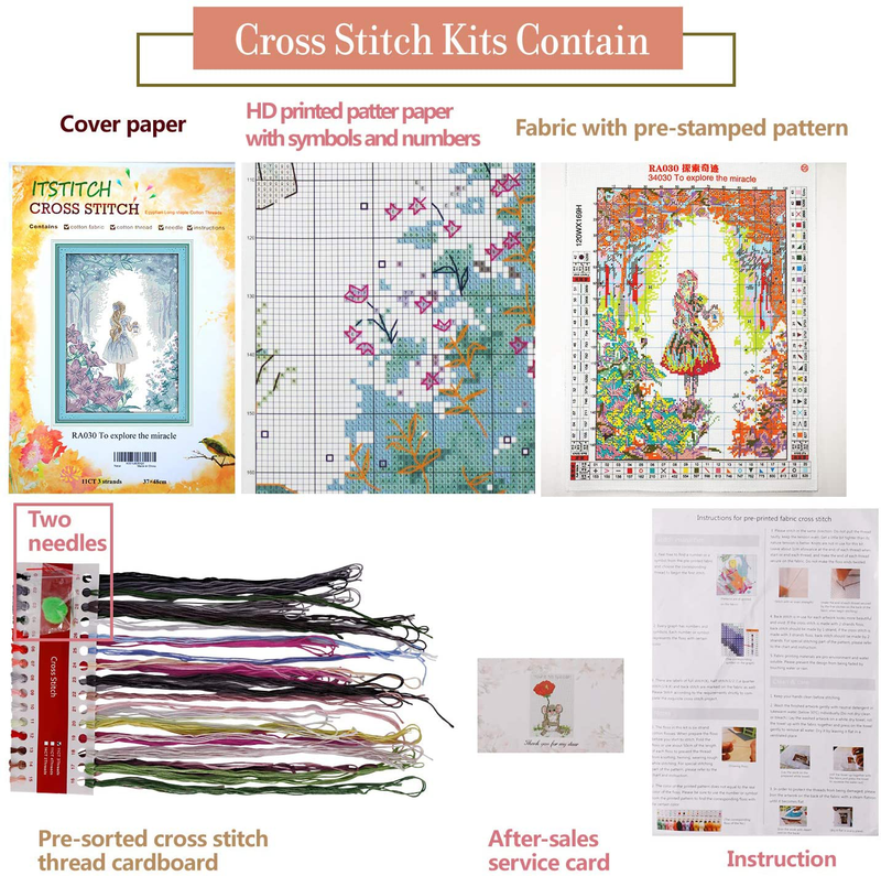 Printed Cross Stitch Kits 11CT 15X19 inch 100% Cotton Holiday Gift DIY Embroidery Starter Kits Easy Patterns Embroidery for Girls Crafts DMC Stamped Cross-Stitch Supplies Needlework Girl Adventure