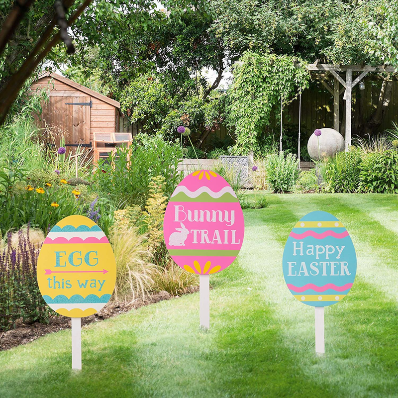 Glitzhome Set of 3 Wooden Happy Easter Egg Yard Sign with Stakes Outdoor Lawn Decorations, Multi-Color Home & Garden > Decor > Seasonal & Holiday Decorations Glitzhome   