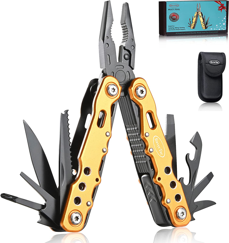 Rovertac Multitool Knife Pliers Christmas Gifts for Men Dad Husband 12 in 1 Multi Tool with Safety Lock Screwdrivers Saw Bottle Opener Durable Sheath Perfect for Camping Survival Hiking Simple Repairs Sporting Goods > Outdoor Recreation > Camping & Hiking > Camping Tools RoverTac Gold  