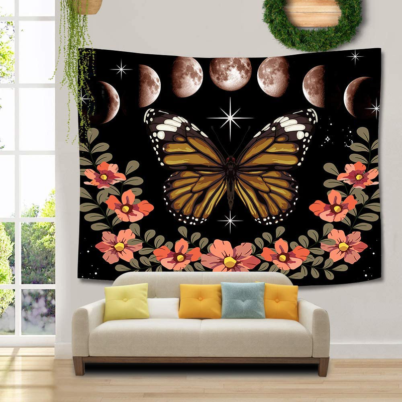 Moonlit Garden Tapestry, Moon Phase Tapestries Butterfly Flower Vine Tapestry Wall Hanging for for Bedroom Living Room Dorm Office Bed Cover 80X60 Inches GTZYUH201 Home & Garden > Decor > Artwork > Decorative Tapestries UHOMETAP   